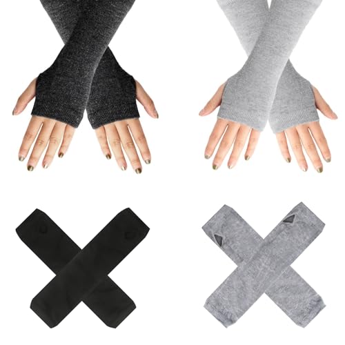 Dumhuts 2 Paar Lange Armstulpen, Thermo Gestrickte Fingerlose Handschuhe für Damen und Herren, Winter Warme Pulswärmer mit Daumenloch, Elastische Handstulpen für Outdoor Aktivitäten und Alltag
