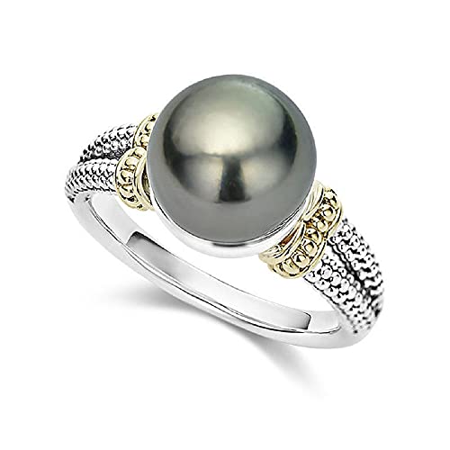 Inlaid Grey Pearl Ring, Round 925 Silver Plated Engagement Wedding Ring (6)