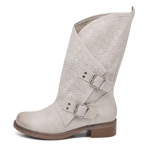 IF Fashion WZ688-66 - Botas de mujer de caña ancha para motorista con hebillas, 697 Perforado...