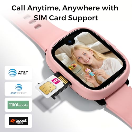 MIRO Kids Smart Watch with SIM Card Slot, GPS Tracker, Call & Video Call, Real-Time Location, Safe Zone Alert, Parental Control, School Mode, Gift for Boys Girls Age 3-15 (Pink)
