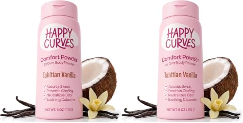 Image of HAPPY CURVES Comfort Powder: Talc Free Anti Chafe Body & Foot Dusting Powder Deodorant to Control Inner Thigh Chafing, and Private Areas 6oz (Pack of 2) - Tahitian Vanilla