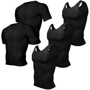 Odoland 5 Pack Men's Compression Shirt Short Sleeve Vest Set, Body Shaper Shapewear Tank Top Base Layer for Sport X-Large 3*balck+2*black
