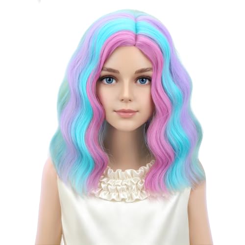Image of PATTNIUM Kids Child Rainbow Wig Short Wavy Colorful Wig Multicolor Wigs Girls Synthetic Cosplay Halloween Party Costume Wigs