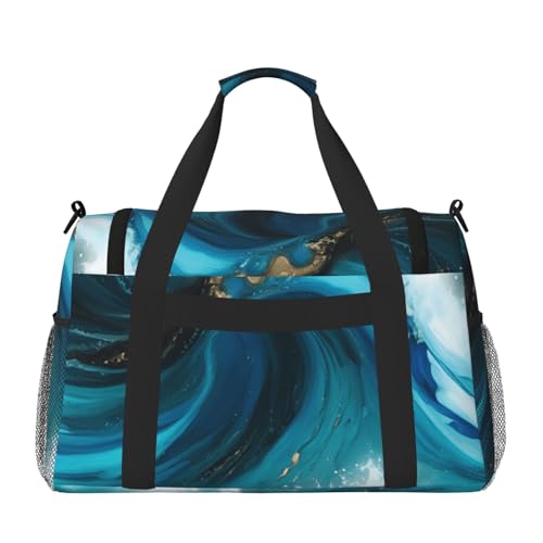 Turquoise Blue Gold Marble Print Foldable Carry On Tote Large Capacity Hand Carry Bag for Airplane Weekend Getaways2