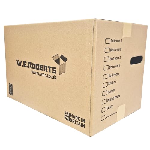 10 Strong Large Cardboard Storage Packing Moving House Boxes with Carry Handles and Room List – Ideal for Storage Moving and Packing 18" x 11" x 11" internal. Made in the UK