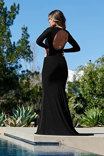 Lagshian Women Elegant Long Sleeve Evening Gown Backless Maxi Mermaid Dress Black #TOP1