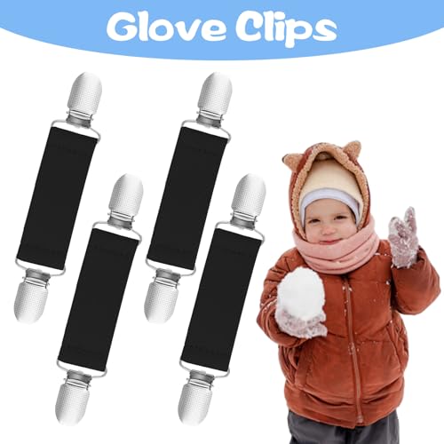 4Pcs Mitten Clips, Elastic Stainless Steel Glove Clips, Adjustable Cinch Clip Straps for Fit Dress Hat Shawl Sweater Cardigan, Toddlers, Kids and Adults - Black4