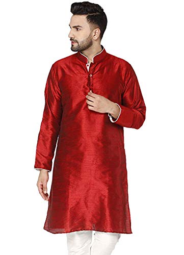 Image of Men's Art Silk Woven Design Long Kurta Mandarin Collar Straight Shirt