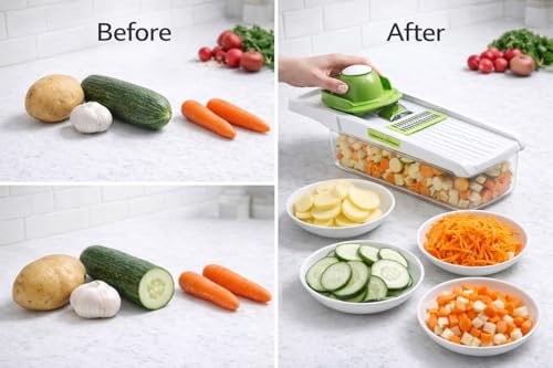 Image of 6 in 1 Multipurpose Chopper, Fruits & Vegetable Cutters, Grater Peeler Chipser, Unbreakable Food Grade Body, Easy Push to Clean Button Slicer Dicer, Chopper for Kitchen (Green, Plastic)