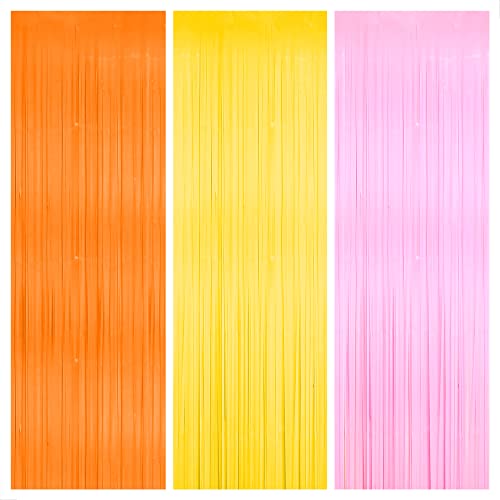 Image of KatchOn, Orange Pink and Yellow Fringe Backdrop - 3.25x8 Feet, Pack of 3 | Easter Backdrop for Easter Decorations for Home | Groovy Backdrop, Groovy Decorations | Bachelorette Party