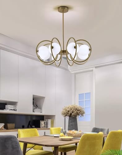 Image of WOKE Mid Century Modern 8 Light Chandelier Gold Plating Pendant Lighting Contemporary 8 Rings Glass Ball Hanging Ceiling Lamp Interior Bedroom Living Room Kitchen Decor Lighting Fixture