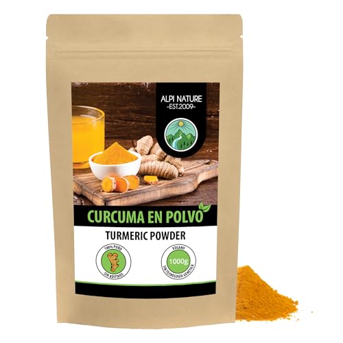 Alpi Nature Cúrcuma en Polvo 1kg, Raíz de Cúrcuma Molida para Cocinar y Preparar Leche Dorada