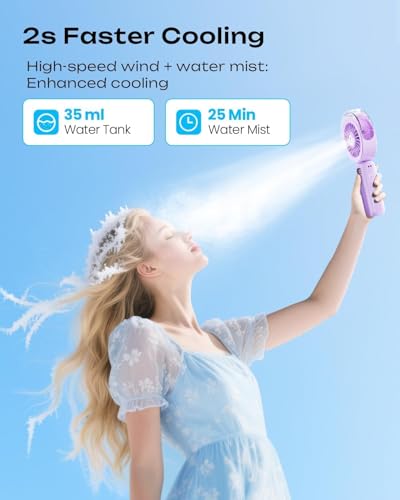 Image of Otlonpe Handheld Misting Fan Portable, Powerful 4 High Speeds Rechargeable Small Hand Held Fan Water Mist, 4000mAh Battery Operated, Foldable, Lanyard, Personal Cooling for Travel Men Wome