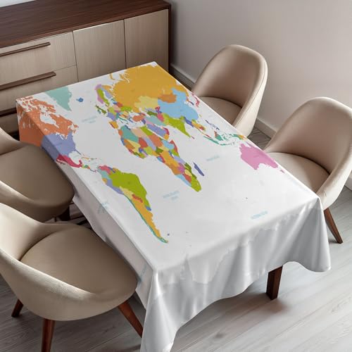 Ambesonne Map Tablecloth, Highly Detailed Political Map of The World Global Positioning System Graphic Colorful, Dining Room Kitchen Rectangular Table Cover, 60" X 84", Multicolor