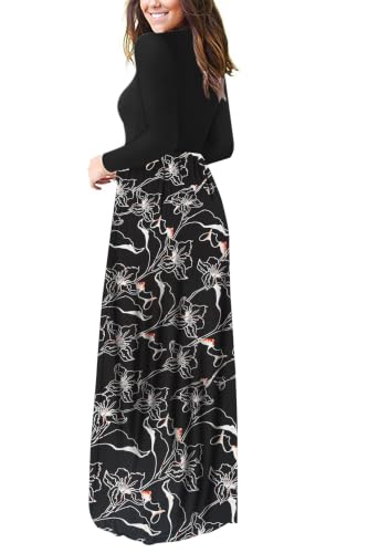 Image of AUSELILY Womens Long Sleeve Maxi Dress Casual Empire Waist with Pockets | Versatile year round long dress for spring, fall, winter, available in floral prints and solids
