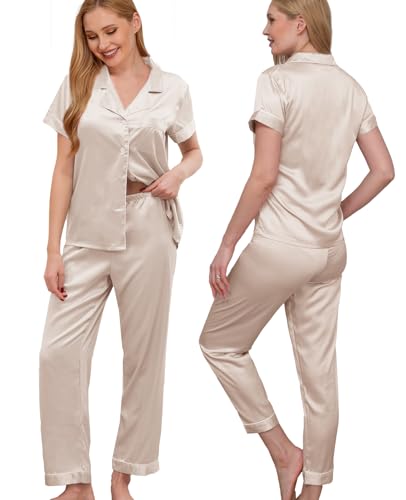 Image of WJing Yi Jia Womens Pajamas Set XS-4XL Floral Silk Satin Pajama Sets Silky Pj Sets 2Pcs Loungewear Sleepwear Button Down Pjs