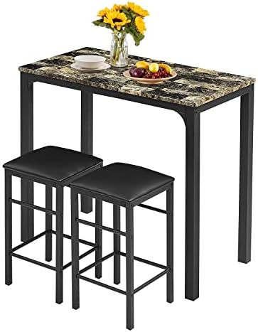 VECELO 3 Piece Dining Table Set with Cushion Stools Counter Height Pub Tabletop for Kitchen Dinette Breakfast Nook Bistro, Small Place, Seating for Two, Retro Brown