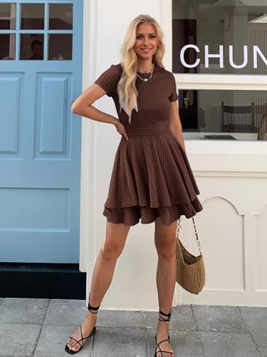 Image of Womens Summer Mini Dresses Short Sleeve Casual Crewneck Knitted Crochet Flowy Tiered Sundress