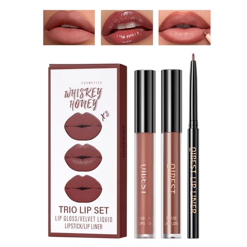 Desing Wish 3 Piezas Nude Pintalabios Permanente Perfilador Labios Brillo Barra de Labios Labiales Mate Larga Duracion Labial Delineador Labios Lip Tint Lip Liner Mujer Regalo Maquillaje Kit