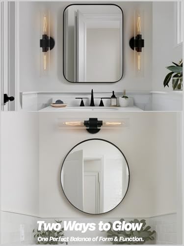 Image of 2-Lights Modern Wall Sconces Black Bathroom Vanity Light with Handblown Clear Glass Hardwired Wall Sconce Light for Bathroom Mirror Bedroom Livingroom Hallway Indoor