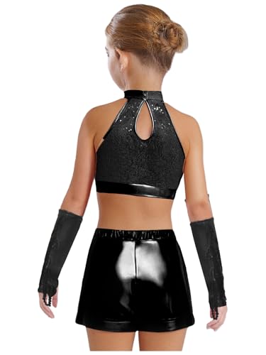 FEESHOW Kids Girls Jazz Latin Dance Outfits Sequin Halter Crop Tops with Shorts Tassel Gloves Set Performance Dancewear Black 12 Years2
