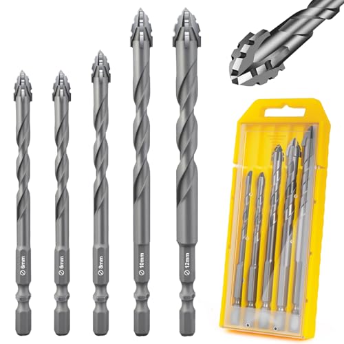 Flintronic Exzenterbohrer Set, 5-teilig Vierschneidiger Sägezahn exzenterbohrer, 6/6/8/10/12 mm Hochfeste Bohrer, Hartmetall-Bohrer mit 4 Schneiden, für Beton, Glas, Keramik, Holz, Metall, Bohren