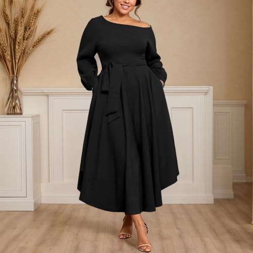 Plus Size Formal Dresses for Women Off Shoulder Long Sleeve Boat Neck Irregularly Flowy Midi Church Dress3