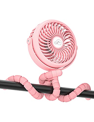 Image of Creiv Stroller Fan, Baby Stroller Fans Clip On Car Seat, Battery Operated Portable Fan with 3 Level Wind Speeds and LED Lighting Available for Stroller, Car Seat and more (PINK)
