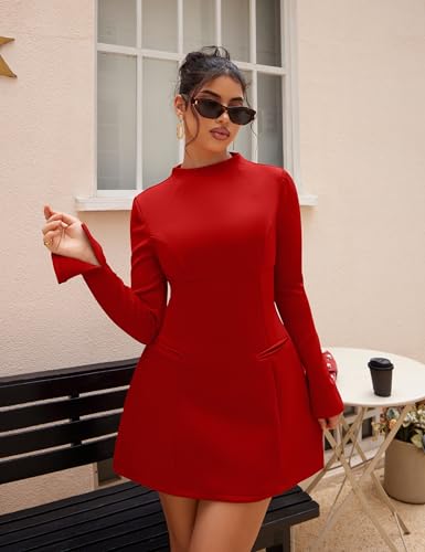 YMDUCH Women's Elegant Long Sleeve Mock Neck Backless A-line Party Mini Dress2