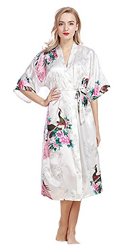 Antaina Blanc Femme Longue Kimono Peignoir de Bain Chambre de Nuit Chemise Vêtements Pyjama Yukata Imprimé Paon et Fleurs,XL Cover
