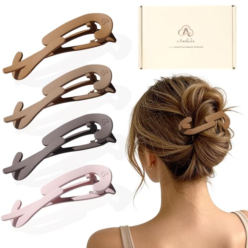 Amlaidu Large Twist Flat Hair Clips for Medium Thick Hair Stylish Flat Claw Clips for Women French Hairclips for Long Straight Curly Hair - Pink Blue Grey Brown Khaki 4pcs