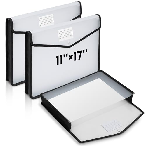 AmazingSpark 3 Pcs 11 x 17 Inch Expandable Tabloid Size Document Folder Organizers with Snap Closure & Label Clear Plastic Expanding File Folder for A3 Ledger Size Plots Charts (Black)