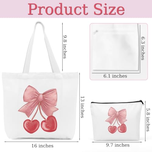 Aesthetic Bow Cherry Canvas Tote Bag Beach Tote Bag for Women with inner Pocket, Cute Bow Lovers Gift for Women Girls Bestie Sister Birthday Christmas Reusable Shopping Grocery Bags with Makeup Bags3
