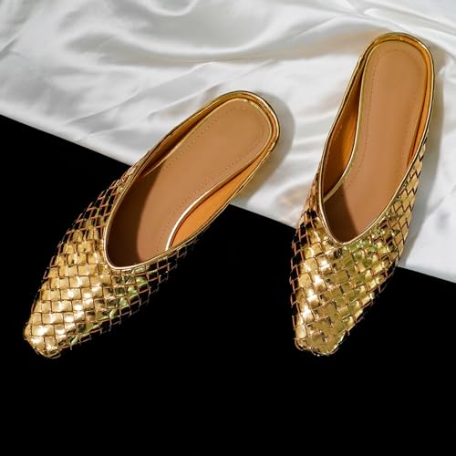 Image of Woven Mules for Women Slip on Comfortabke Metallic Slides Ladies Trendy Square Toe Hidden Wedge Mules