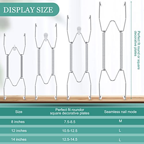 Image of Hotop 12 Pieces Plate Hangers for Wall Stainless Steel Wire Invisible Heavy Duty Plate Hangers Display Holders with 12 Pieces Hooks for Wall Decorative(8 /12 /14 Inch,Silver)