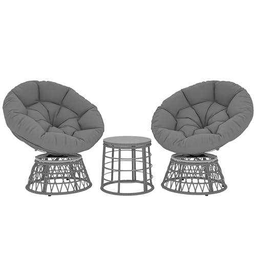 Outsunny Ensemble Salon de Jardin 3 pièces avec 2 fauteuils papasan pivotant et 1 Tables Basse Ronde 2 Grands Coussins fourni Polyester résine tressée Gris