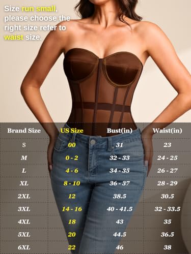 Image of Kaei&Shi Sheer Mesh Overbust Corset,Sexy Strapless Lace Up Satin Bra Corsets Top For Women Shapewear
