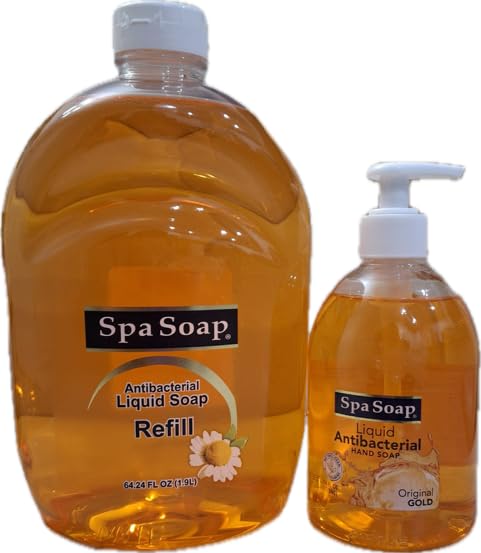 Spa Soap- 64 Fl oz refill- 16 Fl oz dispenser (2 pack) (Liquid Gold)