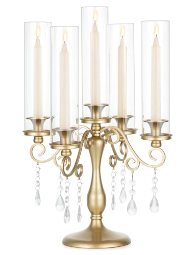 Sziqiqi Portavelas Candelabro Oro: Centro de Mesa Candelabro de 5 Brazos para Bodas - Portavelas Vintage con Huracané de Vidrio para Comidas Al Aire Libre Fiestas de Navidad Cumpleaños y Aniversarios