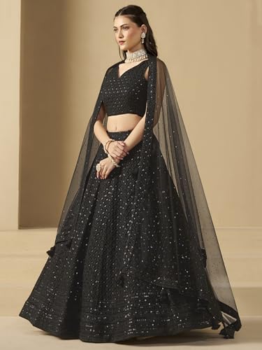 Image of Zeel Clothing Women's Sequins Thread Embroidered Georgette Lehenga Choli With Dupatta (5124-Women-Lehenga-Choli-New; Free size)