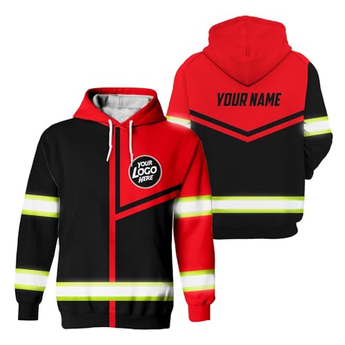 HiVis Custom Company, Group, Team Uniform High Visibility Hoodie for Men Hi Vis Safety Hoodie Black Red Neon Customize Logo and Name with Reflective Tapes-XL