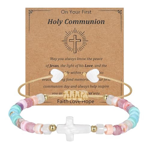 Bsoepnr First Holy Communion Baptism Gifts for Girls, Cross Beads Bracelet Christening Communion Confirmation Gifts for Girls Goddaughter Teens Christmas Birthday Appreciation (colorful 1)