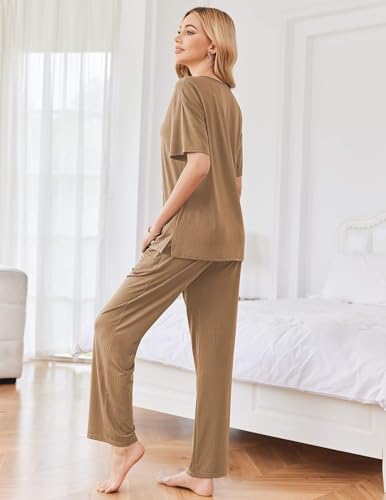 Image of Ekouaer Womens Ribbed Knit Lounge Set Short Sleeve Top and Long Pants Sleepwear Pajama Set Two Piece Matching Outfits Set