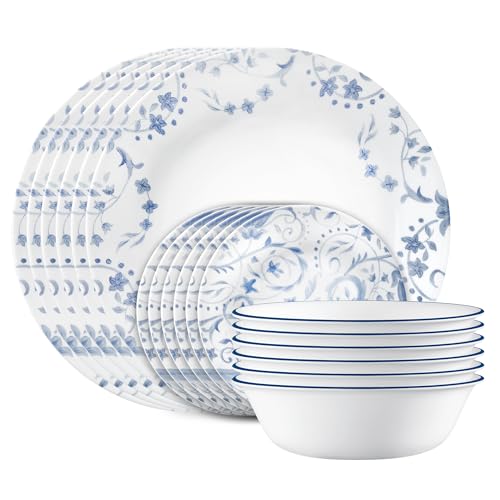 Image of Corelle Vitrelle 18-Piece Service for 6 Dinnerware Set, Triple Layer Glass and Chip Resistant, Lightweight Round Plates and Bowls Set, Darlington