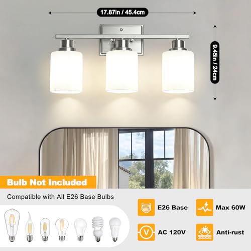 Image of Unicozin 3-Light Bathroom Light Fixtures, Modern Brushed Nickel Vanity Light Over Mirror, Wall Sconces with Milky White Glass Shades for Living Room Bedroom Hallway E26 Base