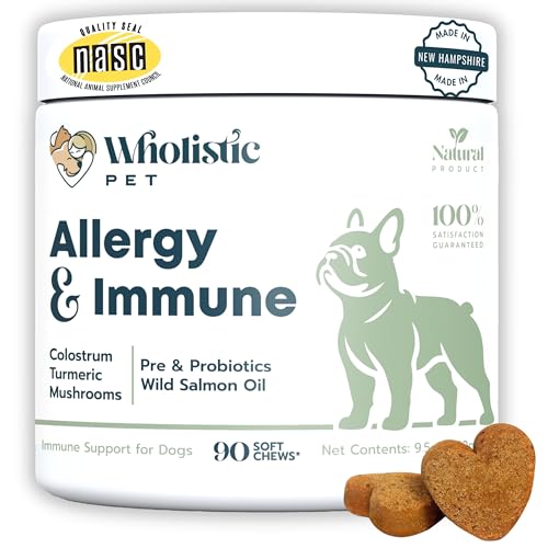 Wholistic Pet Allergy & Immune - Dog Allergy Chews with Mushrooms, Colostrum, Turmeric & Salmon Oil - Immune Support & Itch Relief for Dogs - Pre & Probiotics for Gut Health - Bacon Flavor - 90 Chews