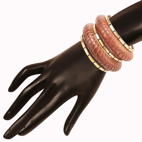 Image of Touchstone wood bracelets for women bangle wooden jewelry handmade artisan bangles natural handcrafted brown olive stylish chunky boho bohemian bracelet brass metal inlaid woods stackable