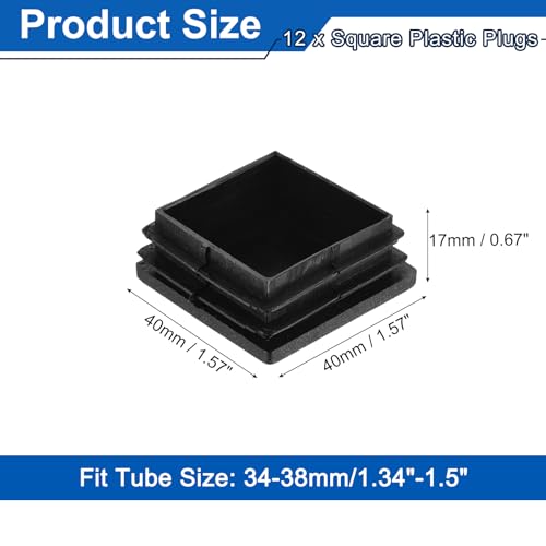Image of uxcell 12Pcs Square Plastic Plugs, 40 x 40mm /1.57 x 1.57inch PE Pipe Tubing End Caps for 34-38mm /1.34-1.5inch Square Tube Furniture Chair Leg, Black