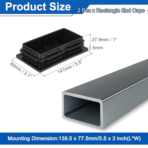 Image of uxcell 2 Pcs Rectangle Tubing End Caps 5 9 /16 x 3 5 /32 Inch Plastic Hole Plugs Insert End Cap for Metal Tubing Post Chair Leg Table Bookshelves Furniture, Black