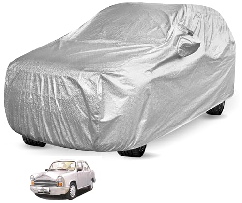 Image of Auto Hub Waterproof Car Cover Compatible with Hindustan Ambassador with Mirror Pockets, Soft Cotton Lining, Ambassador Car Cover Waterproof, Metallic Silver